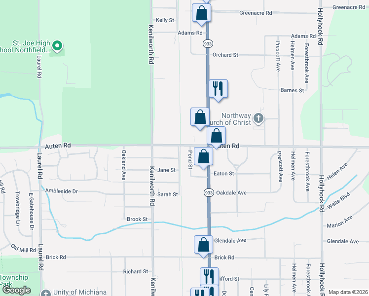 map of restaurants, bars, coffee shops, grocery stores, and more near 19877 Auten Road in South Bend