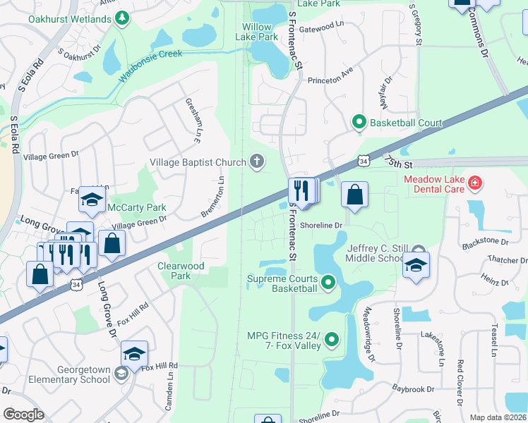 map of restaurants, bars, coffee shops, grocery stores, and more near 3357 Ravinia Circle in Aurora
