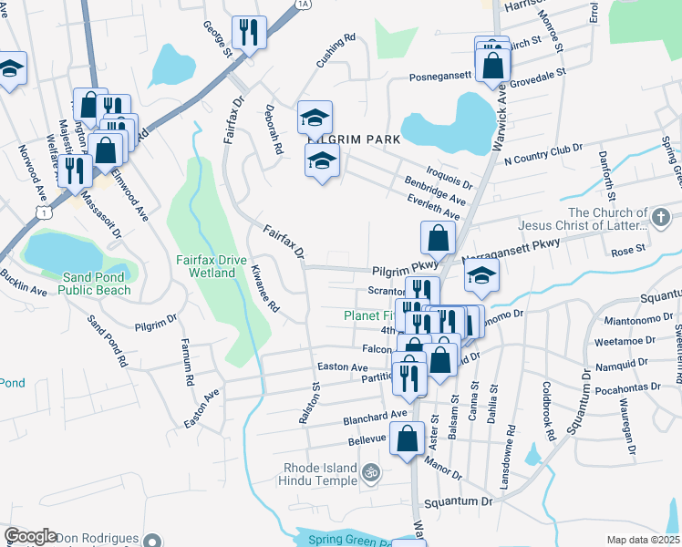 map of restaurants, bars, coffee shops, grocery stores, and more near 130 Pilgrim Parkway in Warwick