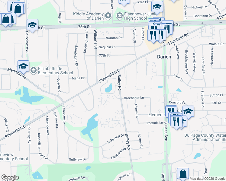 map of restaurants, bars, coffee shops, grocery stores, and more near 7830 Darien Lakes Drive in Darien
