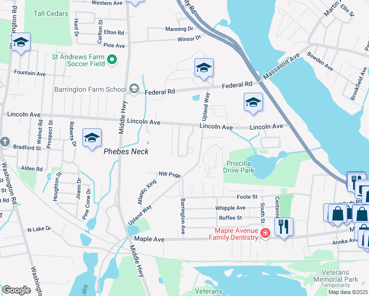 map of restaurants, bars, coffee shops, grocery stores, and more near 8 Valentine Drive in Barrington
