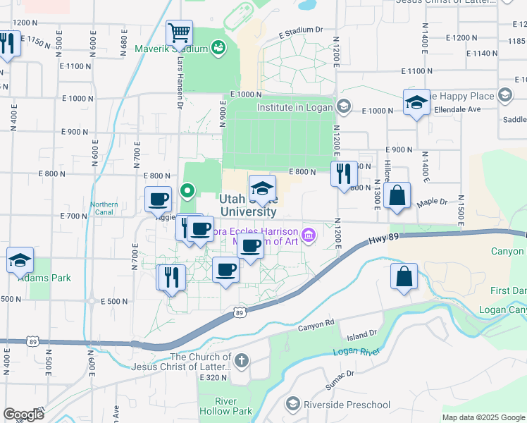 map of restaurants, bars, coffee shops, grocery stores, and more near 6700 Old Main Hill in Logan