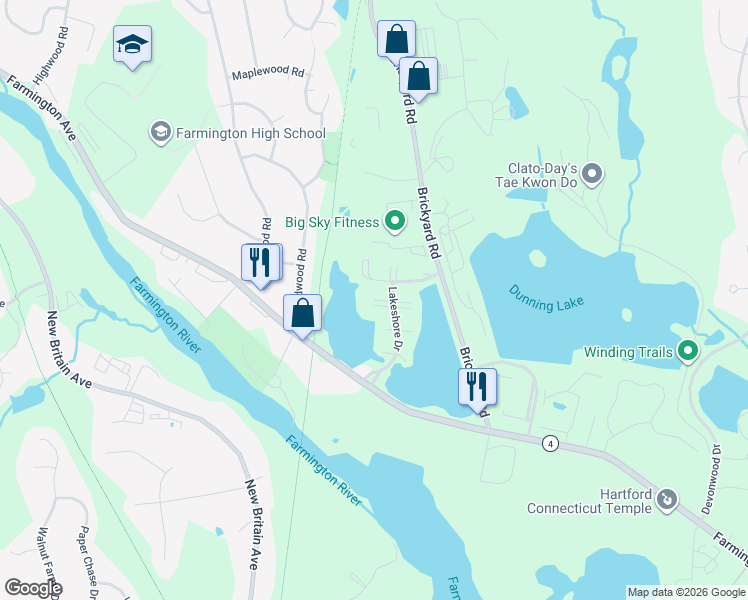 map of restaurants, bars, coffee shops, grocery stores, and more near 24 Lakeshore Dr in Farmington