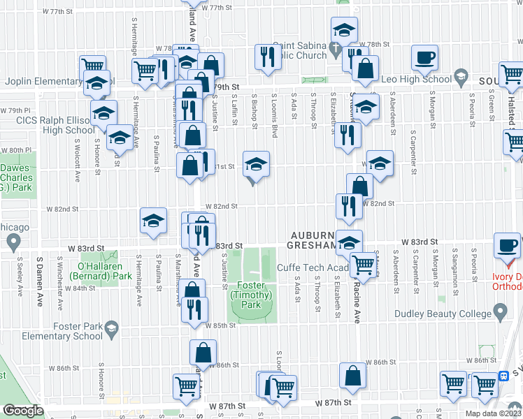 map of restaurants, bars, coffee shops, grocery stores, and more near 1423 West 82nd Street in Chicago