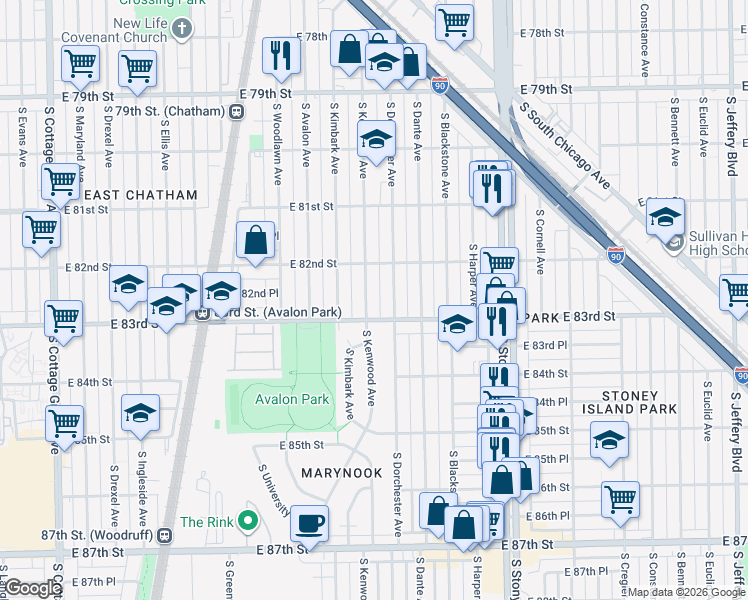 map of restaurants, bars, coffee shops, grocery stores, and more near 8234 South Dorchester Avenue in Chicago