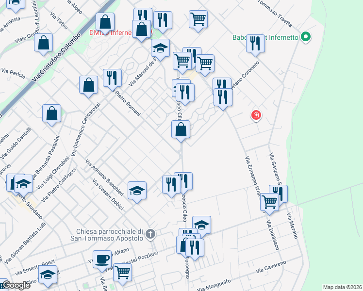 map of restaurants, bars, coffee shops, grocery stores, and more near 209 Via Francesco Cilea in Città metropolitana di Roma Capitale
