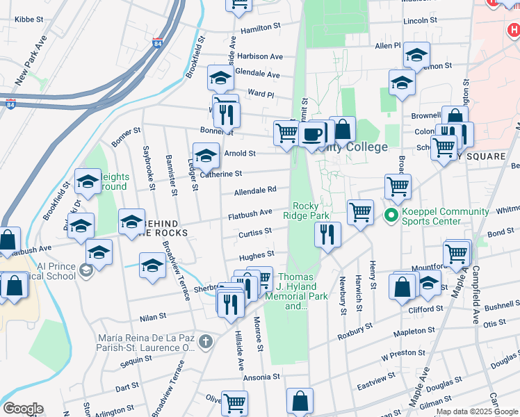 map of restaurants, bars, coffee shops, grocery stores, and more near 46 Flatbush Avenue in Hartford