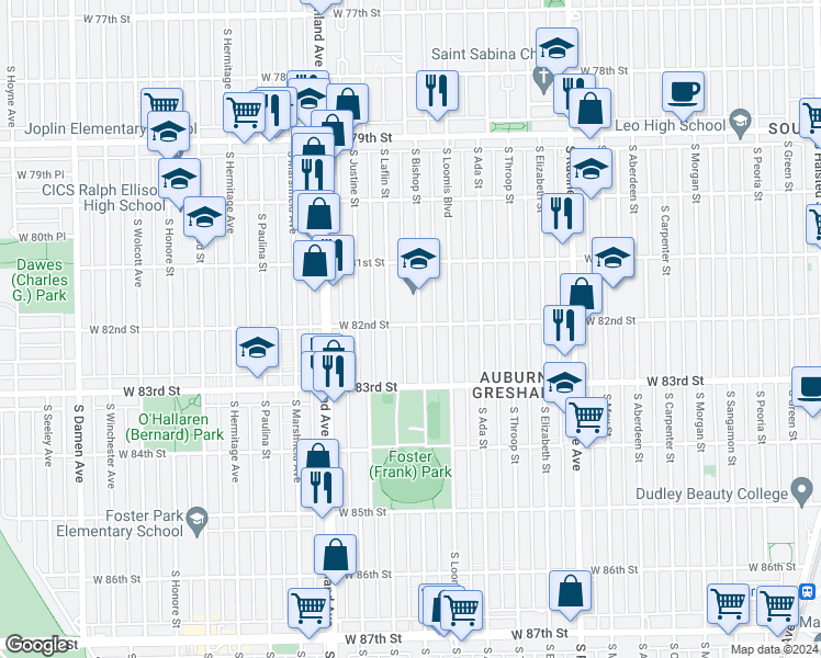 map of restaurants, bars, coffee shops, grocery stores, and more near 8200 South Bishop Street in Chicago