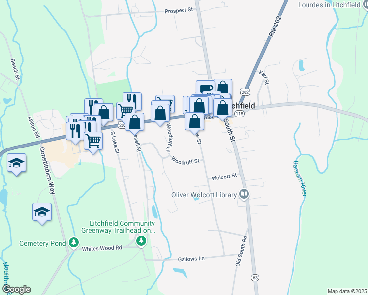 map of restaurants, bars, coffee shops, grocery stores, and more near 33 Woodruff Lane in Litchfield