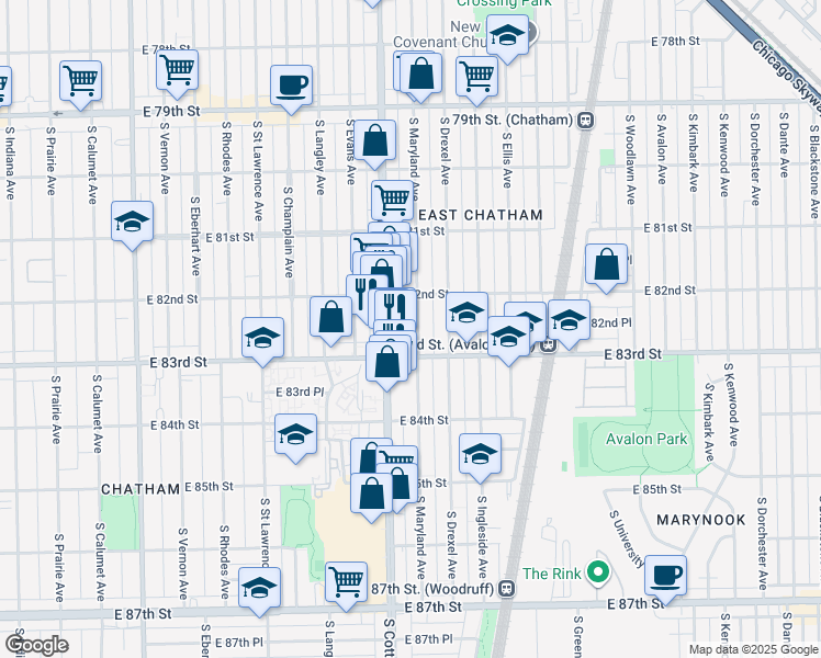 map of restaurants, bars, coffee shops, grocery stores, and more near 8234 South Maryland Avenue in Chicago