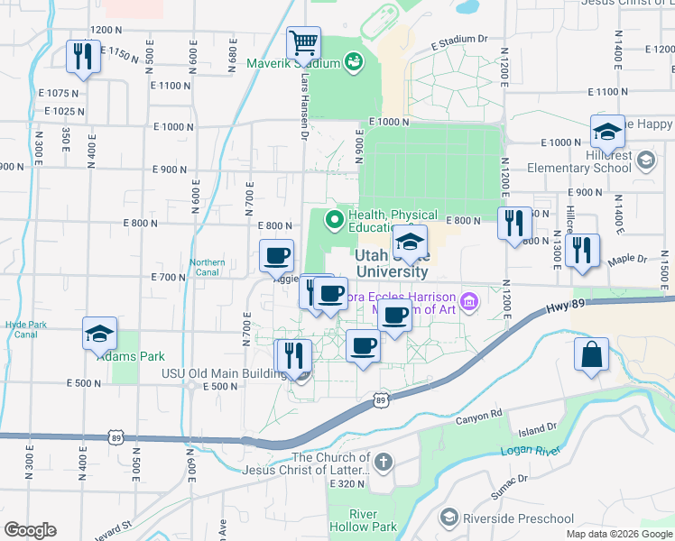 map of restaurants, bars, coffee shops, grocery stores, and more near 7005 Old Main Hill in Logan