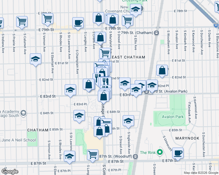 map of restaurants, bars, coffee shops, grocery stores, and more near 8225 South Cottage Grove Avenue in Chicago