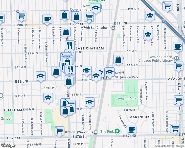map of restaurants, bars, coffee shops, grocery stores, and more near 8222 South Ingleside Avenue in Chicago