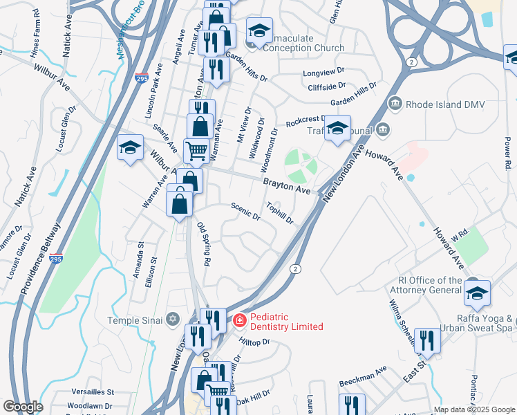 map of restaurants, bars, coffee shops, grocery stores, and more near 29 Rock Hill Drive in Cranston
