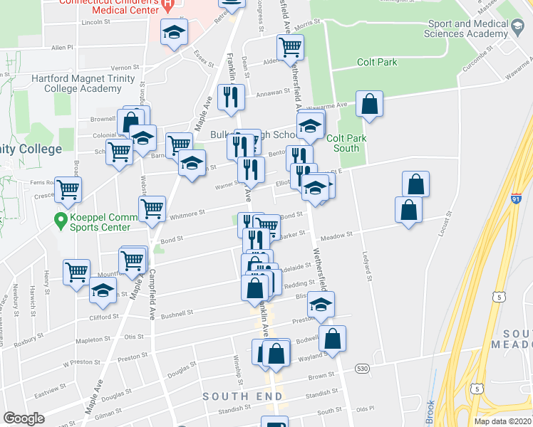 map of restaurants, bars, coffee shops, grocery stores, and more near 36 Bond Street in Hartford