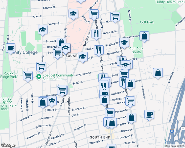 map of restaurants, bars, coffee shops, grocery stores, and more near 25 Whitmore Street in Hartford