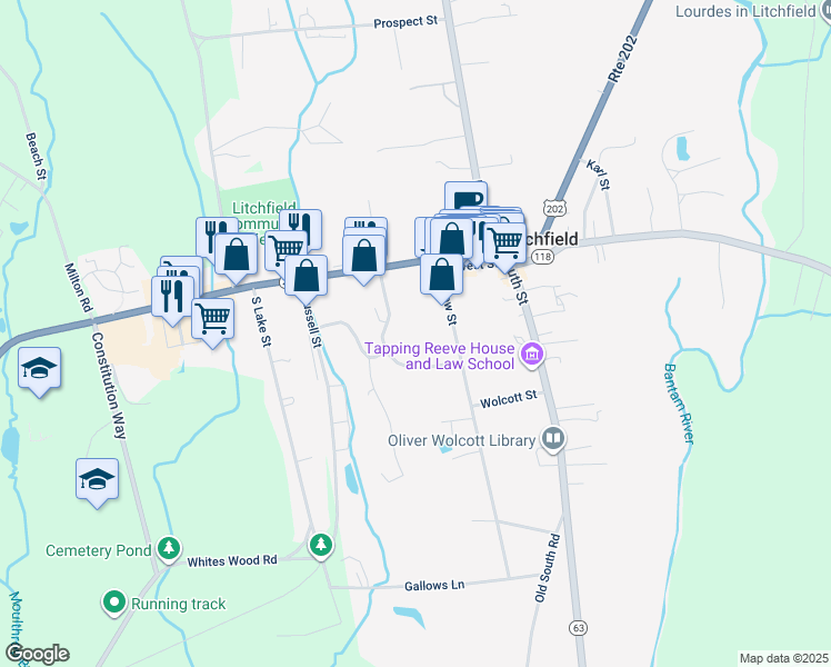 map of restaurants, bars, coffee shops, grocery stores, and more near 33 Woodruff Lane in Litchfield