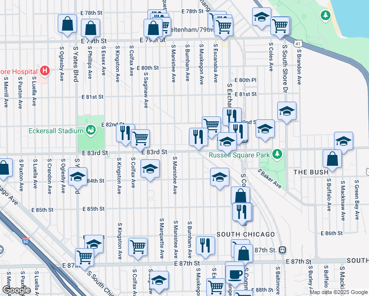 map of restaurants, bars, coffee shops, grocery stores, and more near 2752 East 83rd Street in Chicago