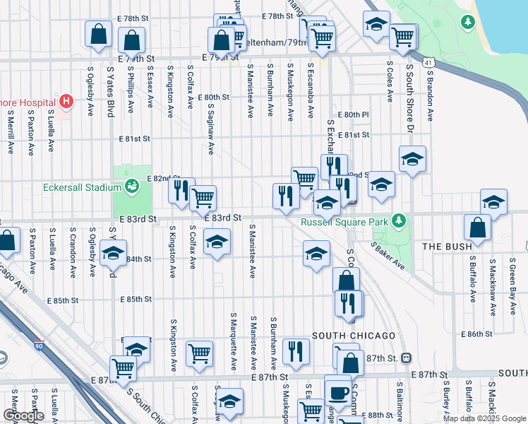 map of restaurants, bars, coffee shops, grocery stores, and more near 2752 East 83rd Street in Chicago
