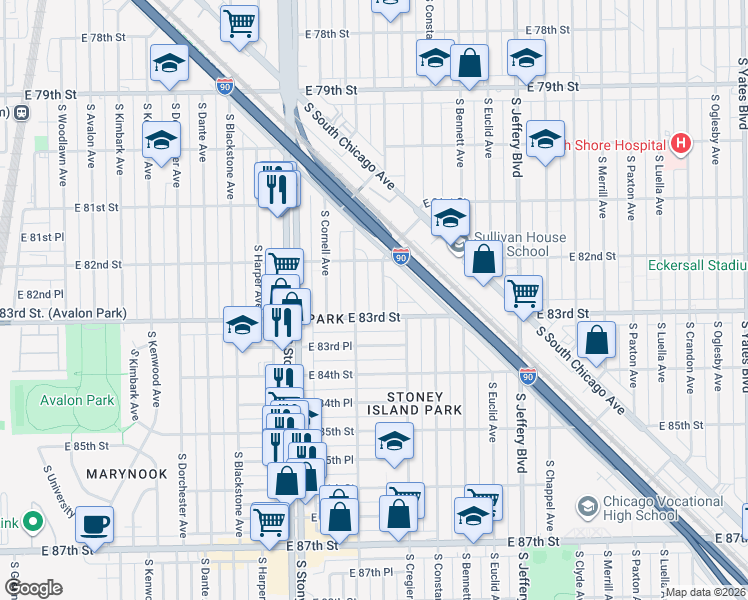 map of restaurants, bars, coffee shops, grocery stores, and more near 8236 South Ridgeland Avenue in Chicago
