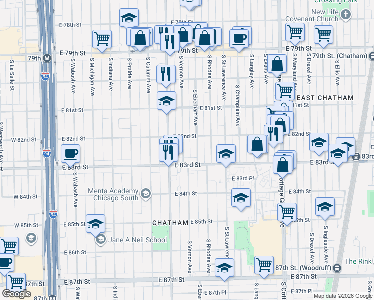 map of restaurants, bars, coffee shops, grocery stores, and more near 8223 South Vernon Avenue in Chicago