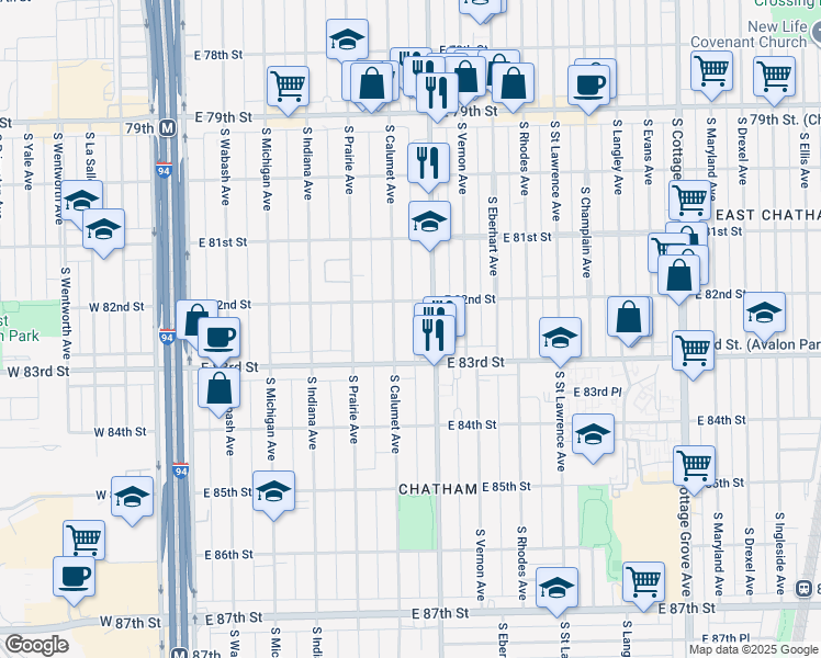 map of restaurants, bars, coffee shops, grocery stores, and more near 8222 South Doctor Martin Luther King Junior Drive in Chicago
