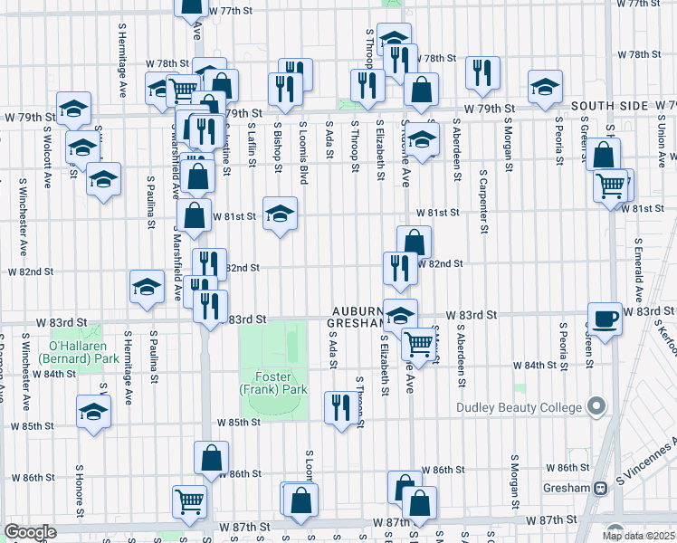 map of restaurants, bars, coffee shops, grocery stores, and more near 1322 West 82nd Street in Chicago