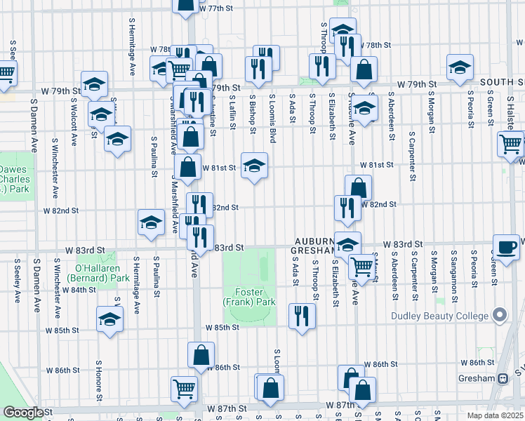 map of restaurants, bars, coffee shops, grocery stores, and more near 1401 West 82nd Street in Chicago