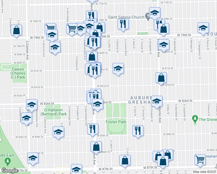 map of restaurants, bars, coffee shops, grocery stores, and more near 8159 South Justine Street in Chicago