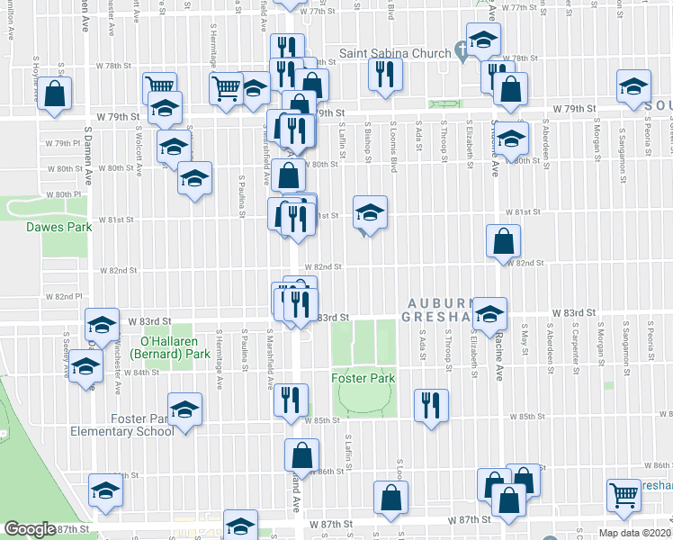 map of restaurants, bars, coffee shops, grocery stores, and more near 8159 South Justine Street in Chicago