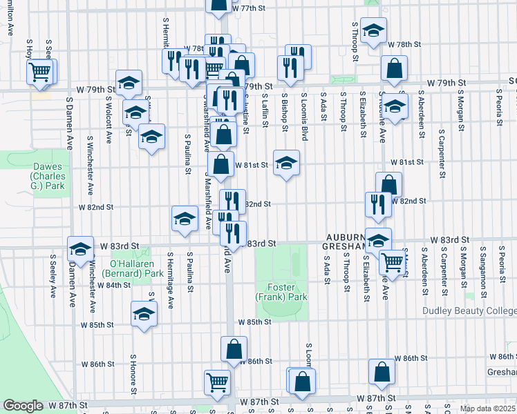 map of restaurants, bars, coffee shops, grocery stores, and more near 8159 South Justine Street in Chicago