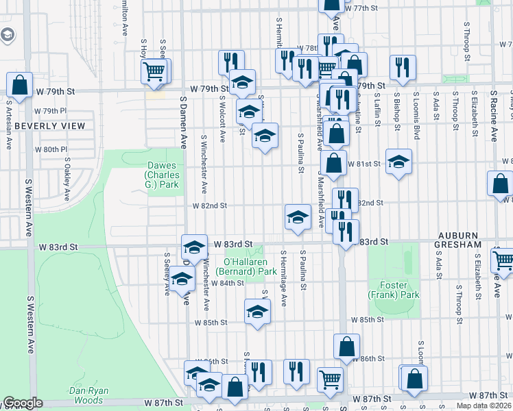 map of restaurants, bars, coffee shops, grocery stores, and more near 8155 South Honore Street in Chicago