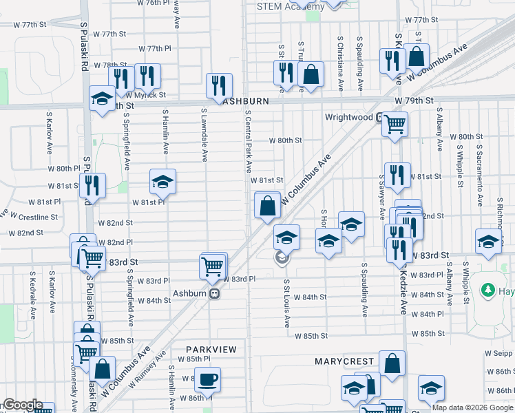 map of restaurants, bars, coffee shops, grocery stores, and more near 3555 West 81st Place in Chicago