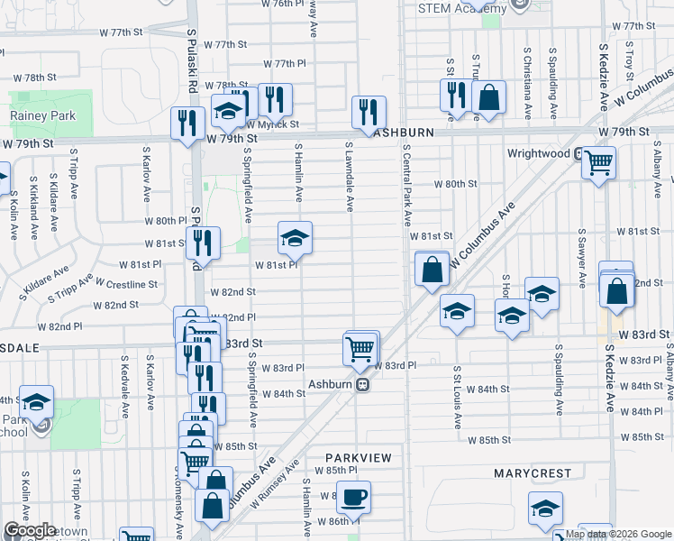 map of restaurants, bars, coffee shops, grocery stores, and more near 3725 West 81st Place in Chicago