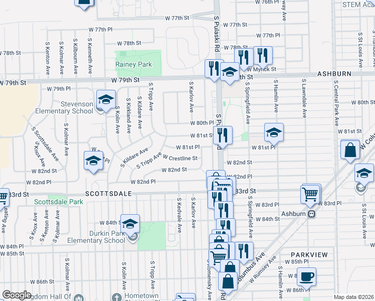 map of restaurants, bars, coffee shops, grocery stores, and more near 4124 West 81st Place in Chicago