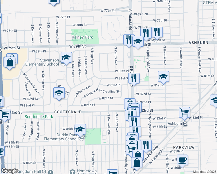 map of restaurants, bars, coffee shops, grocery stores, and more near 4171 West 81st Place in Chicago