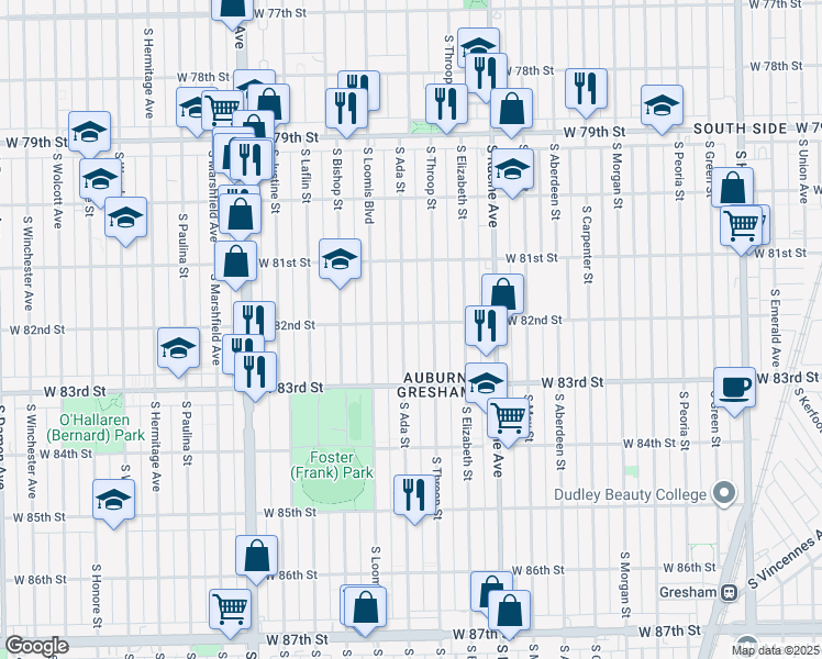 map of restaurants, bars, coffee shops, grocery stores, and more near 1322 West 82nd Street in Chicago