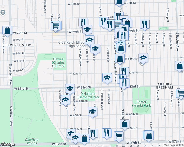 map of restaurants, bars, coffee shops, grocery stores, and more near 8155 South Honore Street in Chicago