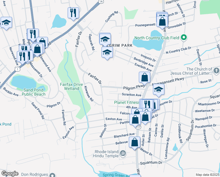 map of restaurants, bars, coffee shops, grocery stores, and more near 140 Pilgrim Parkway in Warwick