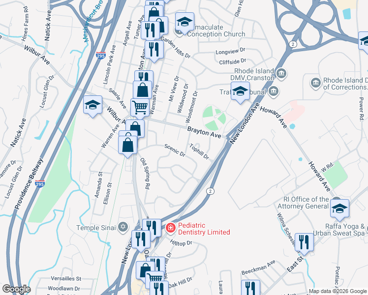 map of restaurants, bars, coffee shops, grocery stores, and more near 29 Rock Hill Drive in Cranston