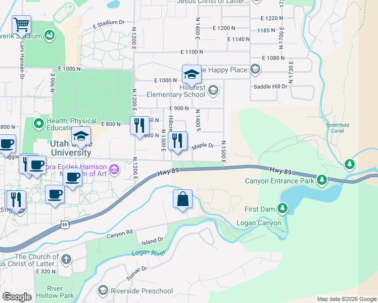 map of restaurants, bars, coffee shops, grocery stores, and more near 725 North 1400 East in Logan