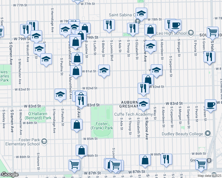 map of restaurants, bars, coffee shops, grocery stores, and more near 1401 West 82nd Street in Chicago