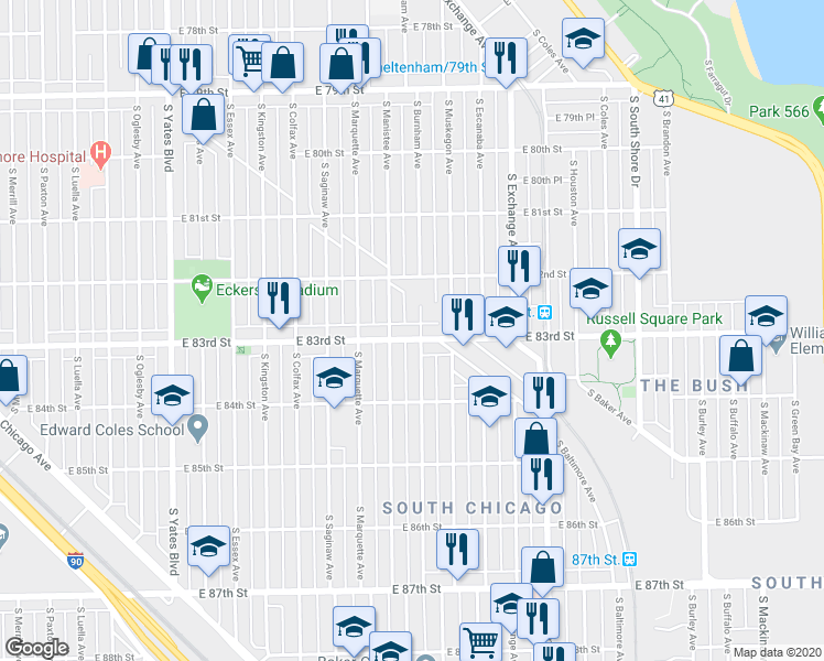 map of restaurants, bars, coffee shops, grocery stores, and more near 2752 East 83rd Street in Chicago