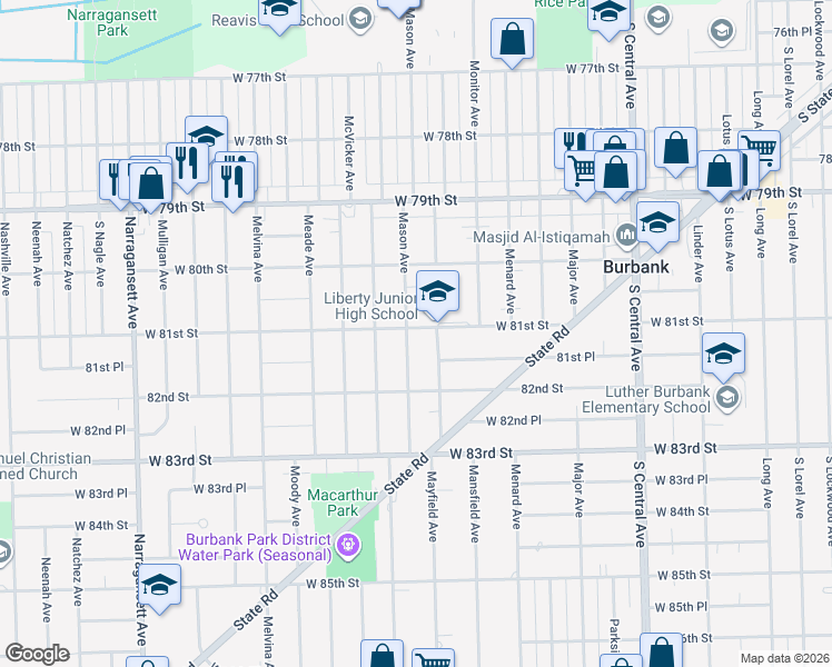 map of restaurants, bars, coffee shops, grocery stores, and more near 8101 Mason Avenue in Burbank
