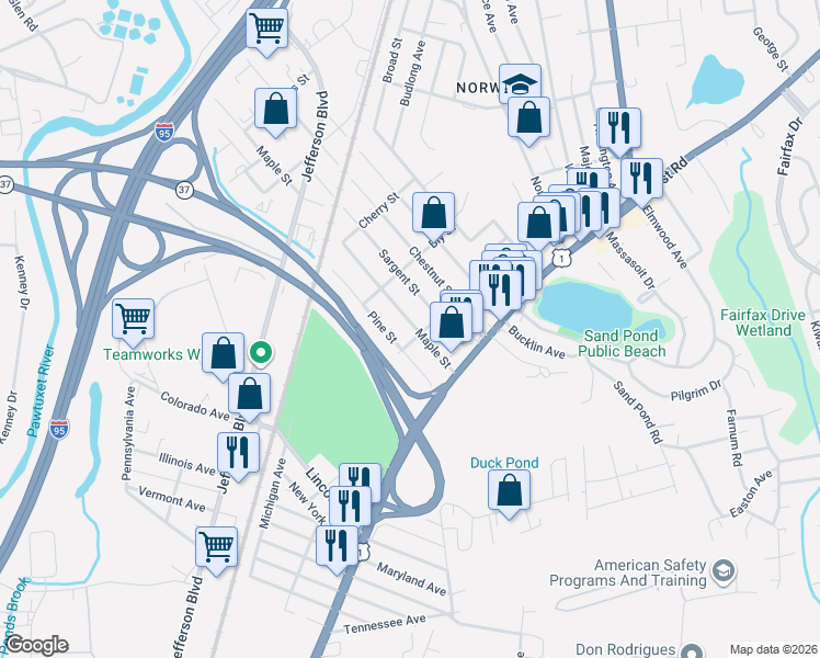 map of restaurants, bars, coffee shops, grocery stores, and more near 358 Maple Street in Warwick