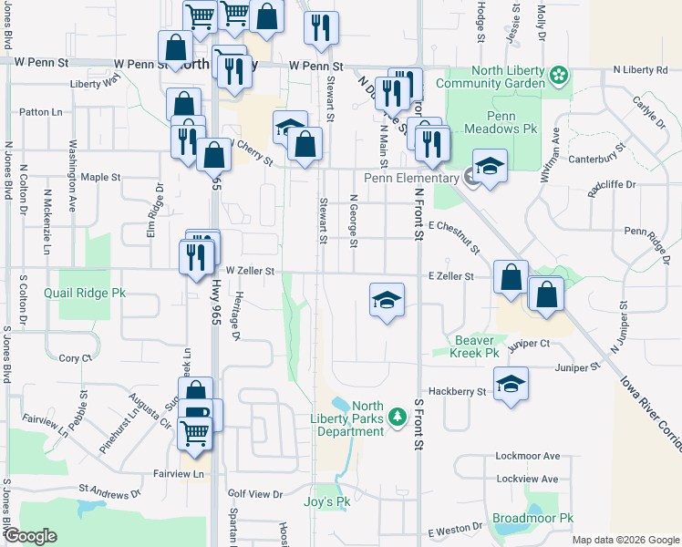 map of restaurants, bars, coffee shops, grocery stores, and more near 222 West Zeller Street in North Liberty