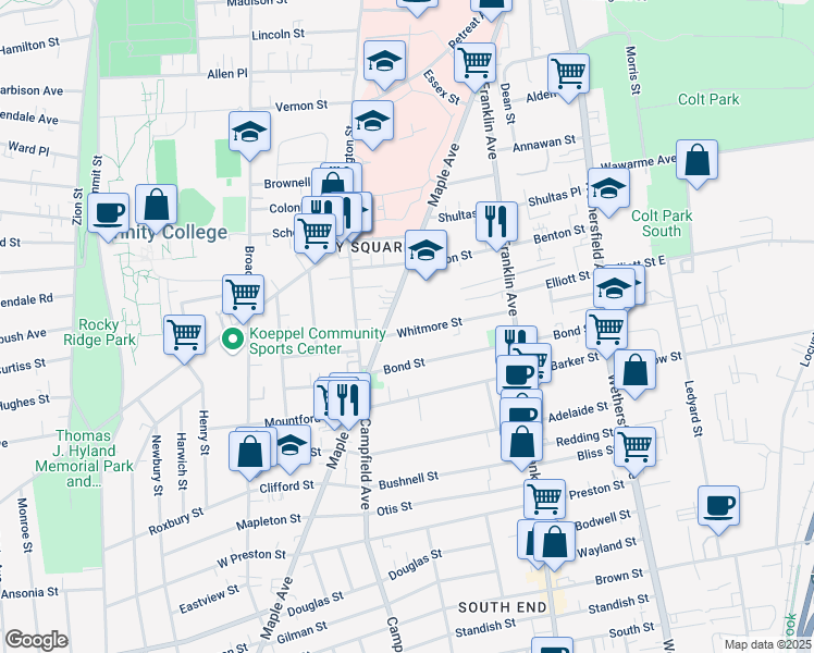 map of restaurants, bars, coffee shops, grocery stores, and more near 88 Whitmore Street in Hartford