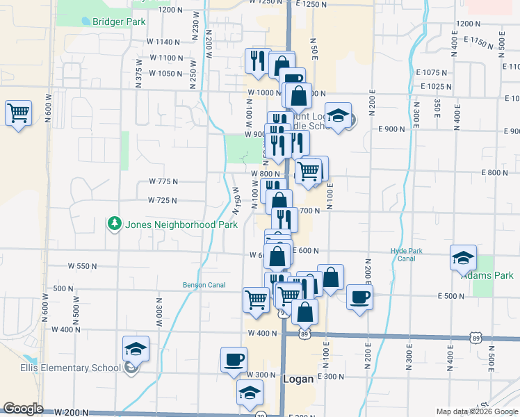 map of restaurants, bars, coffee shops, grocery stores, and more near 47 West 700 North in Logan
