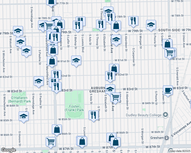 map of restaurants, bars, coffee shops, grocery stores, and more near 1322 West 82nd Street in Chicago