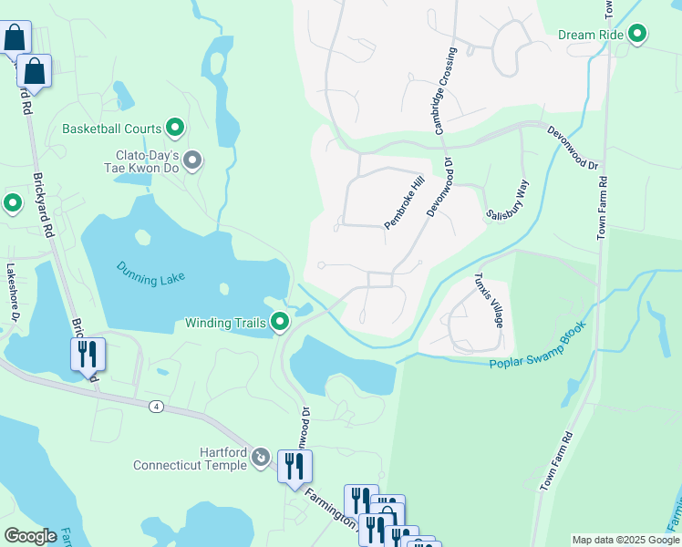 map of restaurants, bars, coffee shops, grocery stores, and more near 5 Essex Court in Farmington